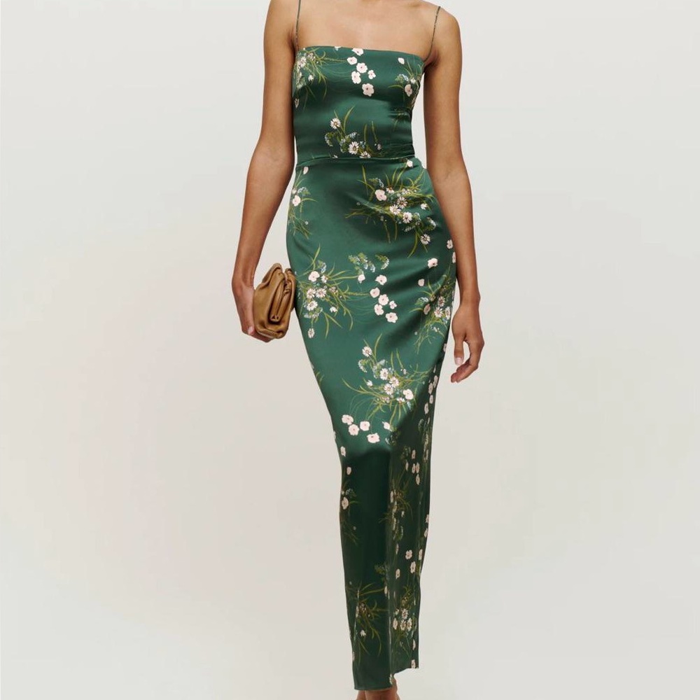 Reformation Frankie Silk Green Floral Dress